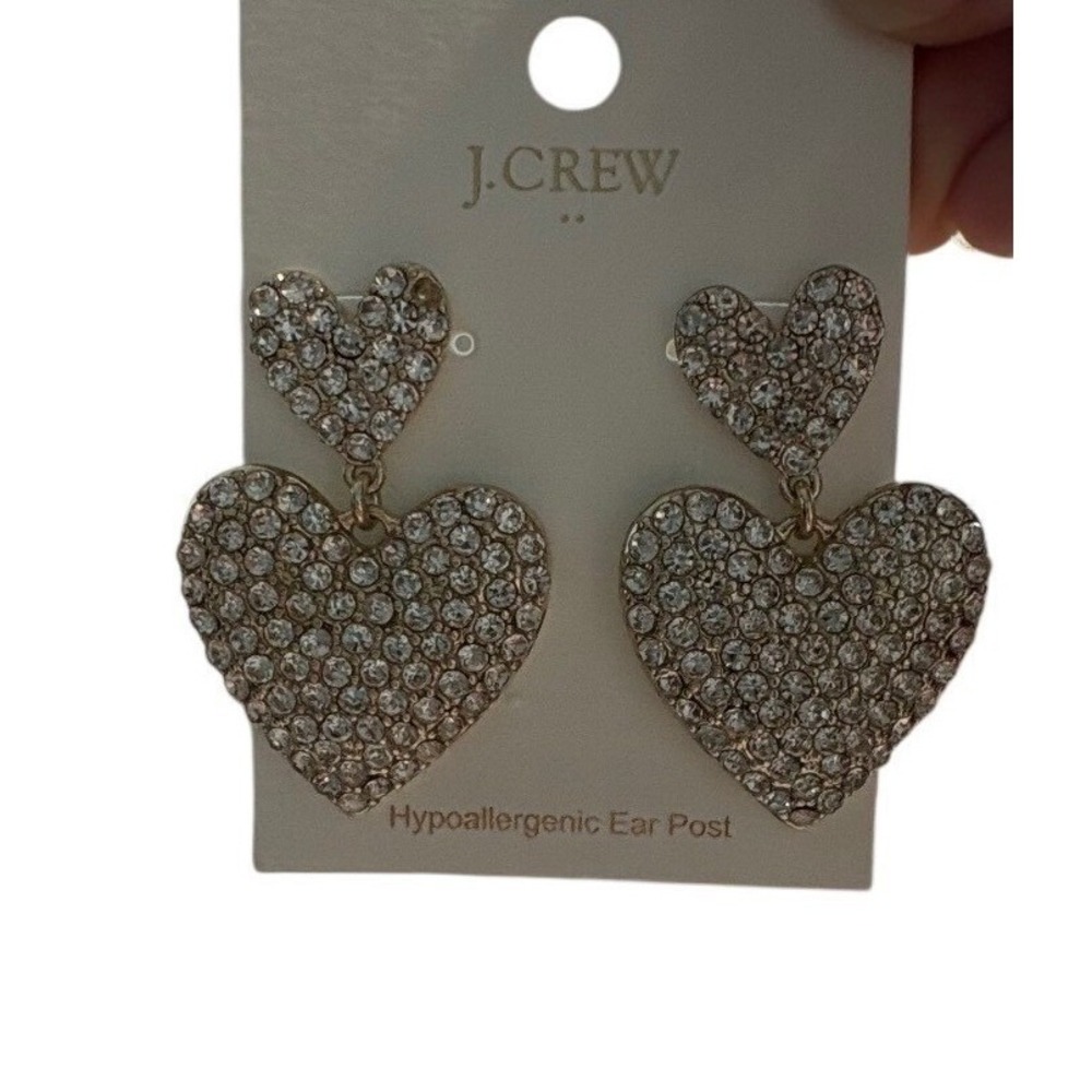 NWT J. Crew Rhinestone Double Heart Dangle‎ Earrings Hypoallergenic Post